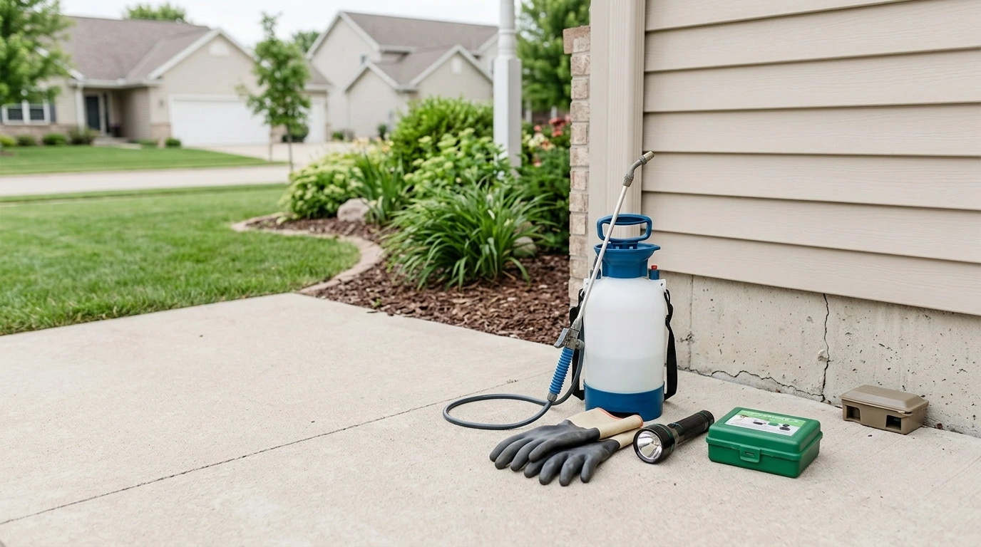 Pest control SEO: pest control sprayer, gloves, and bait station beside a home foundation