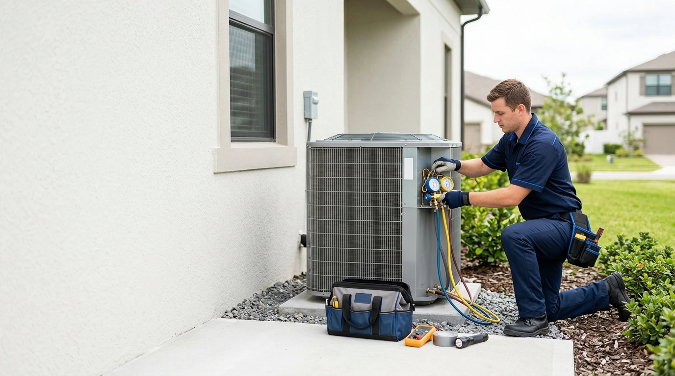 HVAC SEO: hVAC technician servicing an outdoor air conditioner beside a home