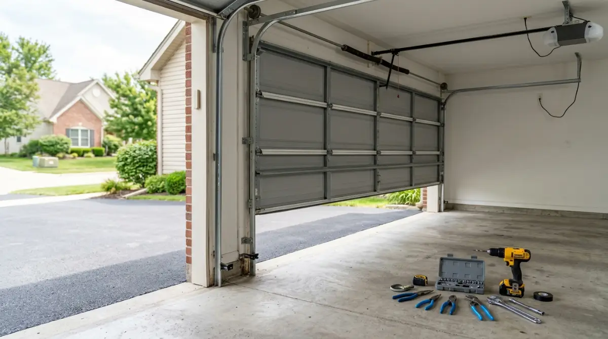 Garage door SEO: open residential garage door with repair tools laid out on the garage floor