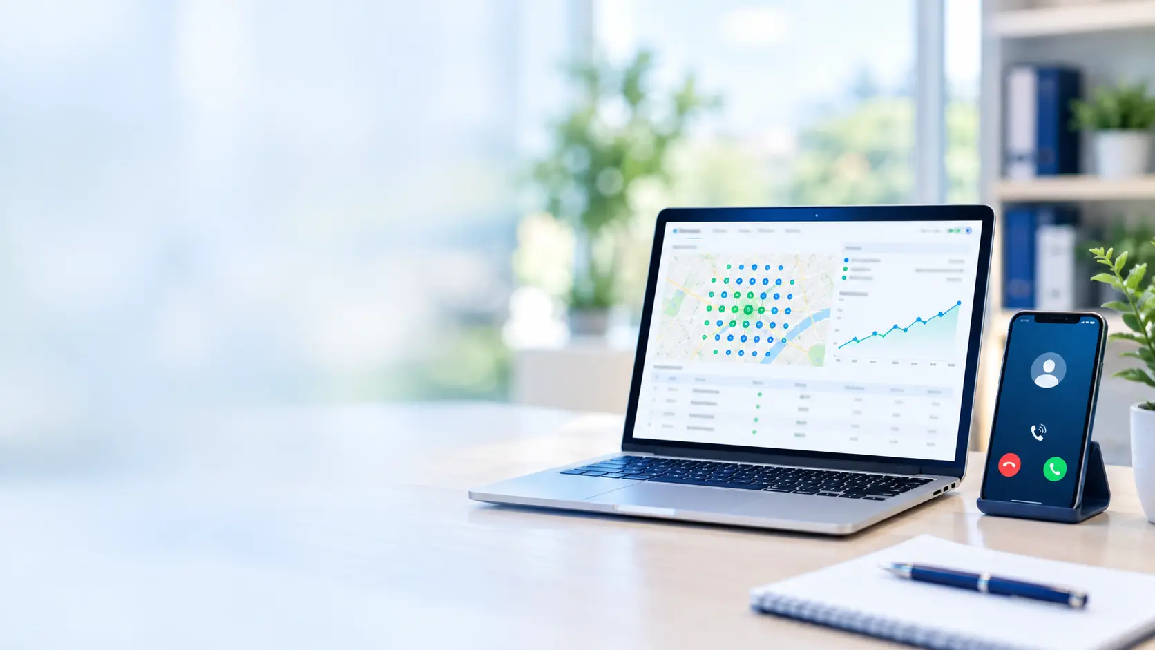 Solar installer SEO: laptop with a Google Maps ranking grid and a phone receiving a call, showing how SEO results are tracked for a solar installer