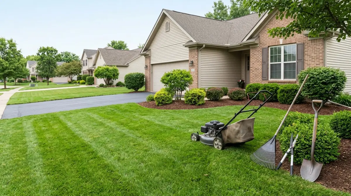 Landscaping SEO: landscaped front lawn with a mower and garden tools outside a suburban home