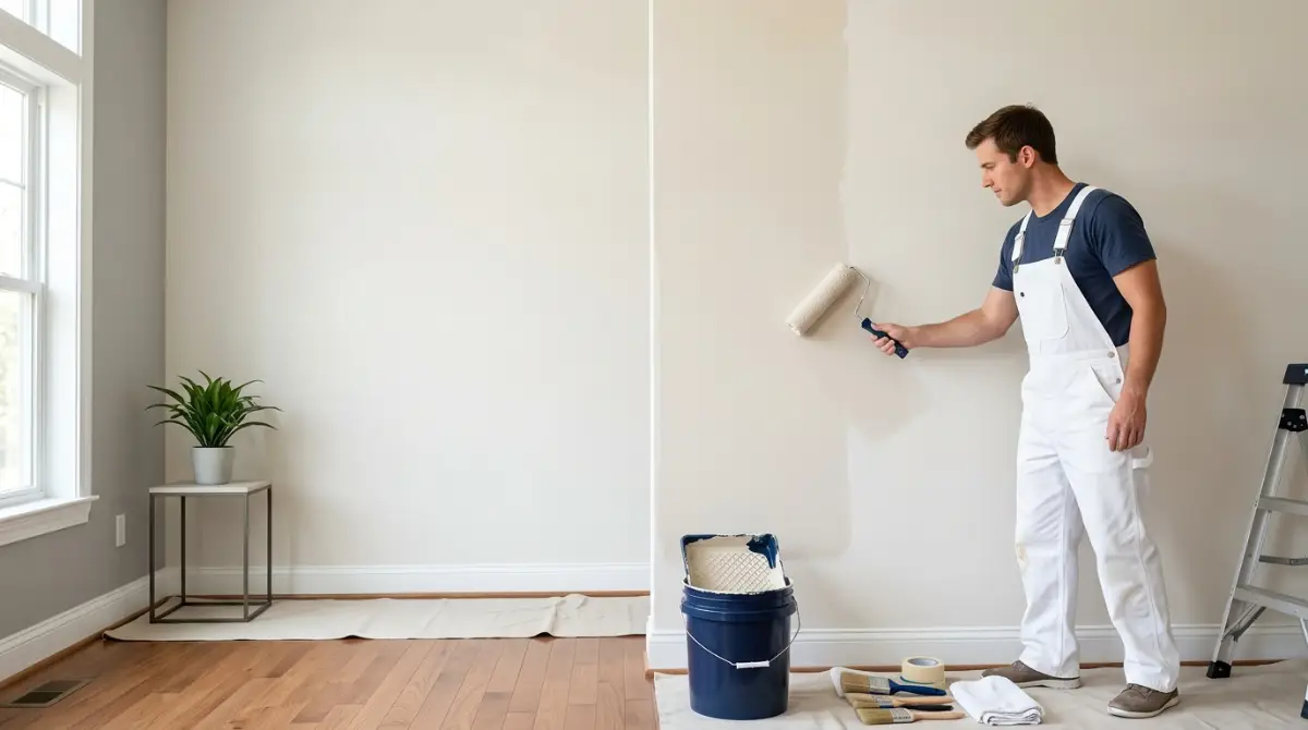 Painter SEO: Painter rolling fresh paint on an interior wall