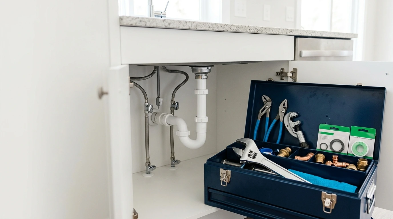 Plumber SEO: open plumbing toolbox under a kitchen sink with wrenches, fittings, and a P-trap