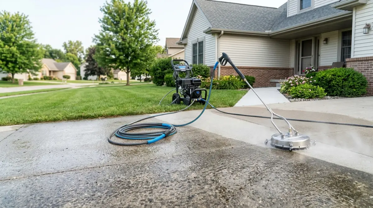 Pressure washing SEO: pressure washing a concrete driveway in front of a suburban home