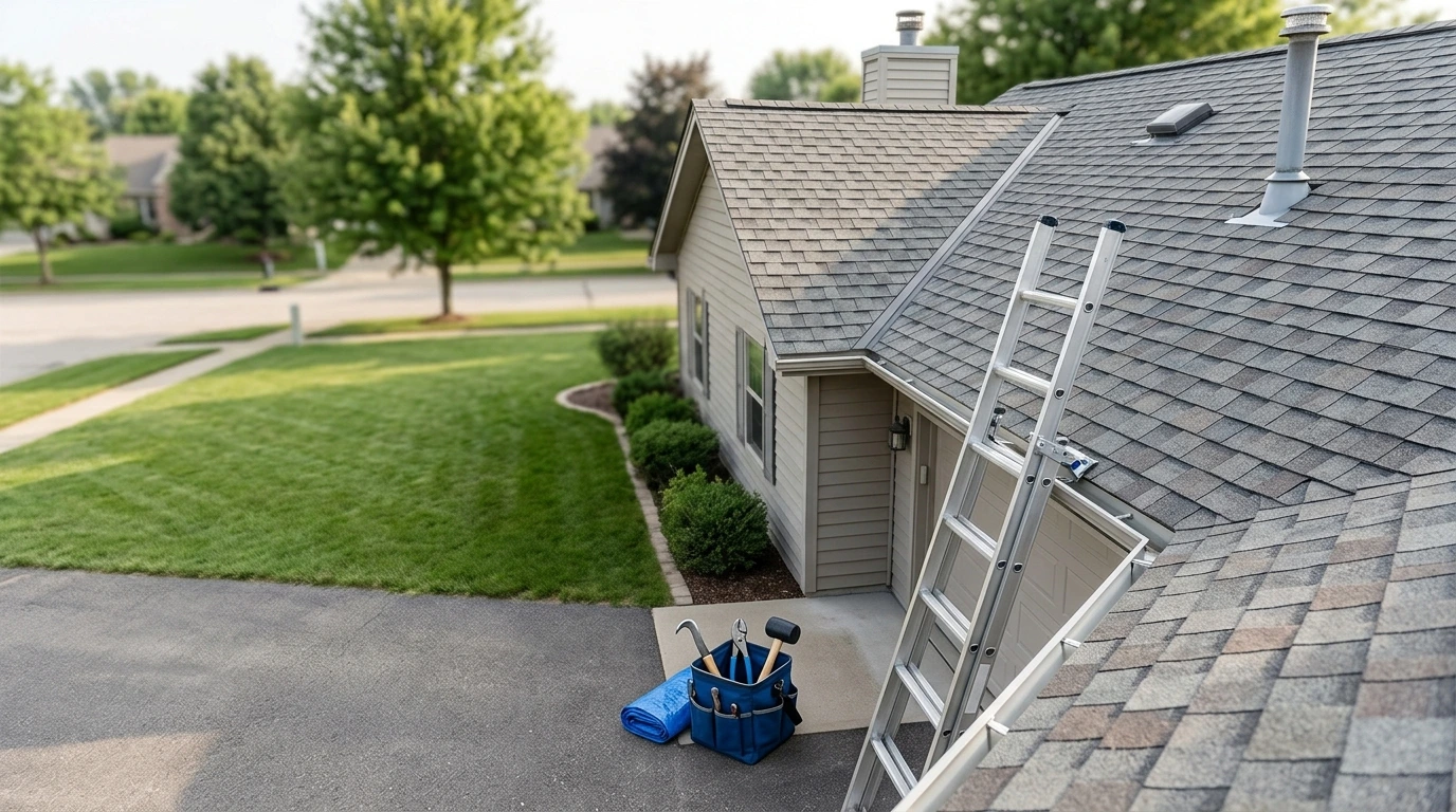 Roofing SEO: ladder against the asphalt shingle roof of a suburban home before a roof repair