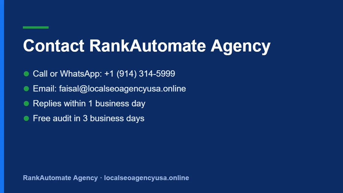 Contact RankAutomate Agency: phone, WhatsApp and email details