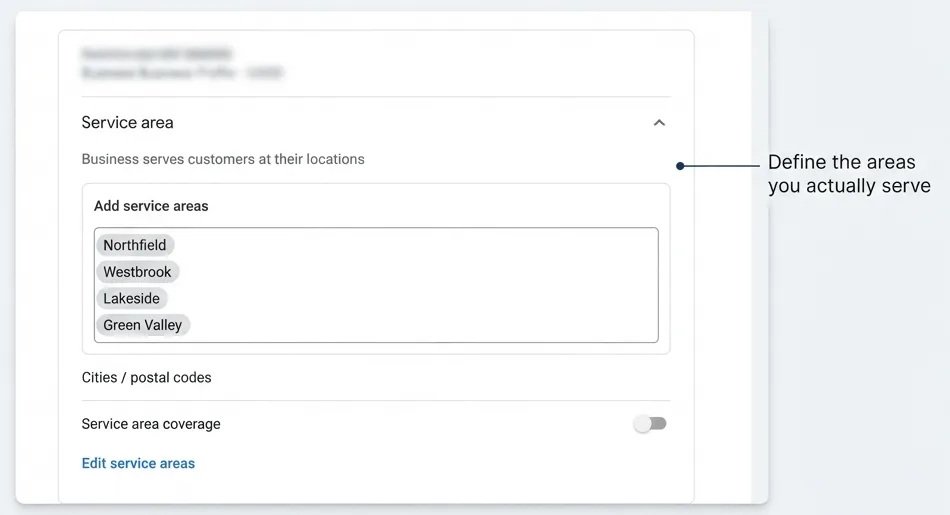 Google Business Profile service area settings listing the towns a business serves (illustrative example)