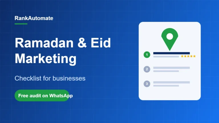 Ramadan & Eid Marketing – Checklist for businesses: RankAutomate graphic with a Google Maps pin and local ranking results