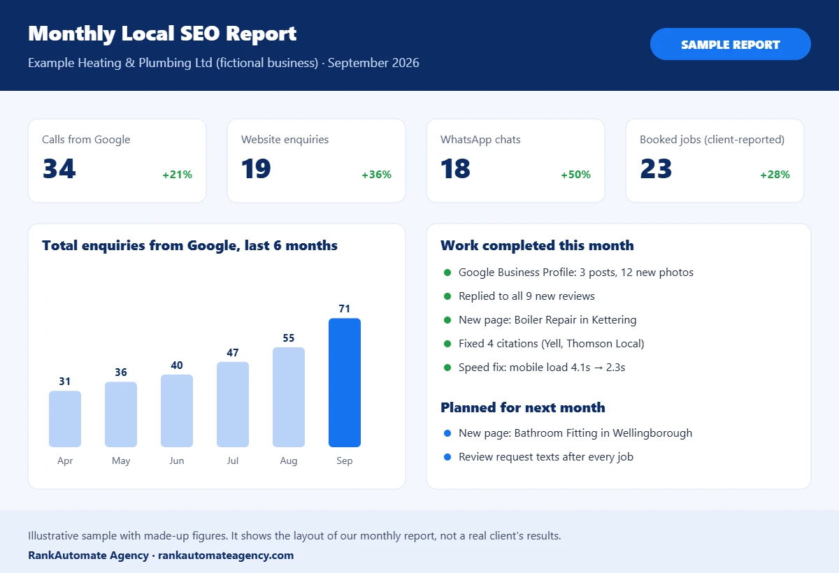 Sample monthly local SEO report from RankAutomate Agency showing calls, enquiries, WhatsApp chats, work completed and next steps (illustrative figures)