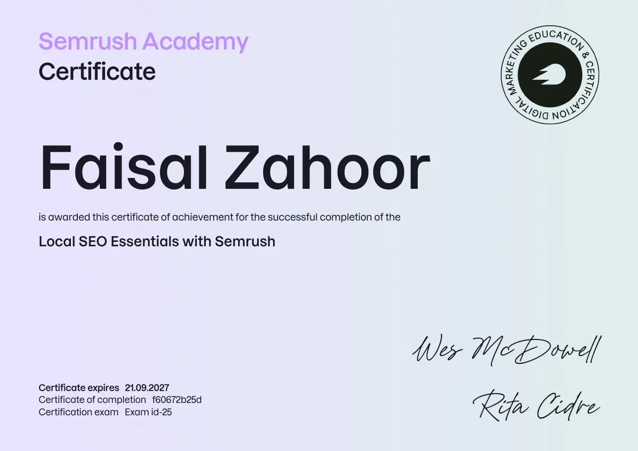 Semrush Academy certificate: Local SEO Essentials with Semrush, awarded to Faisal Zahoor