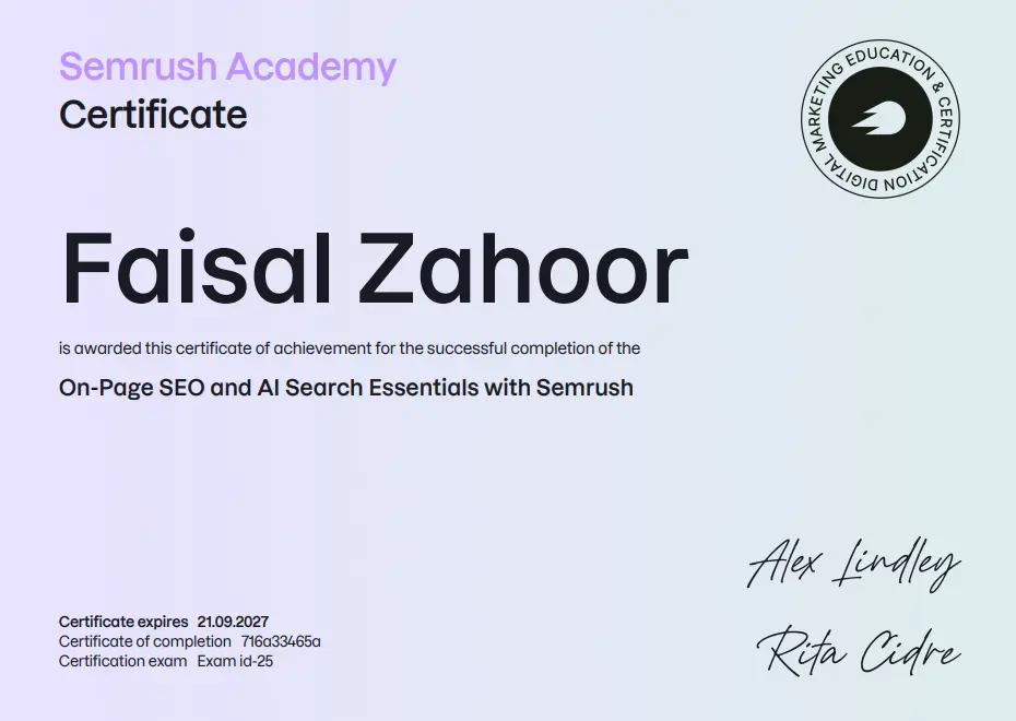 Semrush Academy certificate: On-Page SEO and AI Search Essentials with Semrush, awarded to Faisal Zahoor